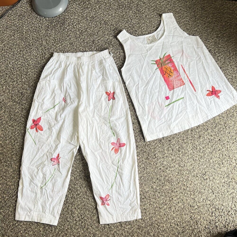 VTG 80s Play Alegre Cotton Hand Painted Pant + Top Two Piece Outfit Set S New